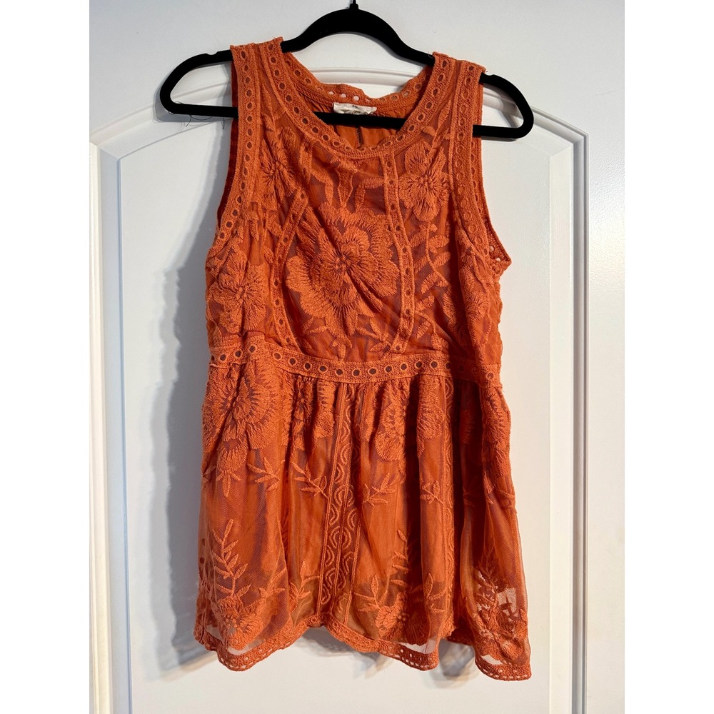 Entro Peplum Top Small Orange Floral Embroidered Mesh Boho Festival Cottagecore